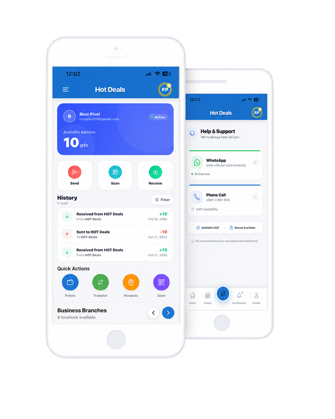 Hot Deals points wallet showing 10 points balance, send scan receive actions and transaction history
